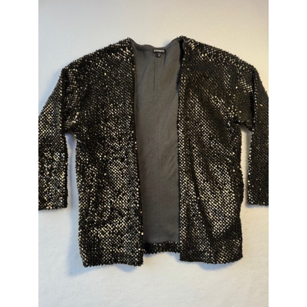 EXPRESS Black Gold Sparkle Sequin Boyfriend Lined Cardigan‎ Sweater Jacket XS